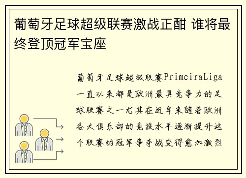 葡萄牙足球超级联赛激战正酣 谁将最终登顶冠军宝座 葡萄牙足球超级联赛激战正酣 谁将最终登顶冠军宝座