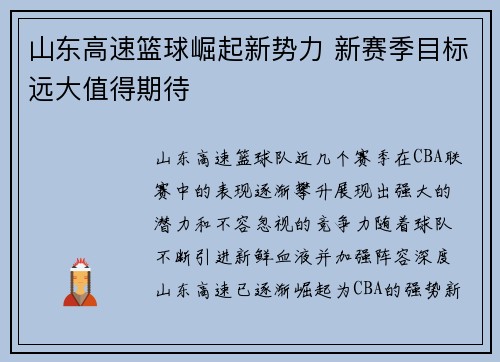 山东高速篮球崛起新势力 新赛季目标远大值得期待