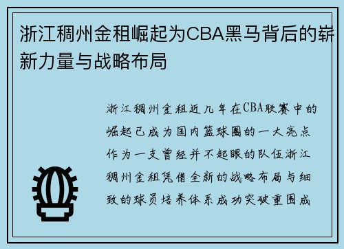 浙江稠州金租崛起为CBA黑马背后的崭新力量与战略布局 浙江稠州金租崛起为CBA黑马背后的崭新力量与战略布局