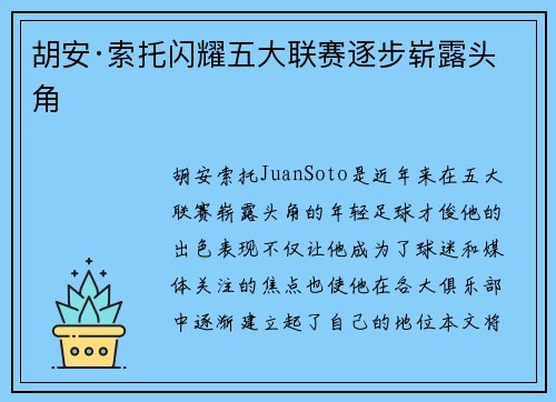 胡安·索托闪耀五大联赛逐步崭露头角 胡安·索托闪耀五大联赛逐步崭露头角