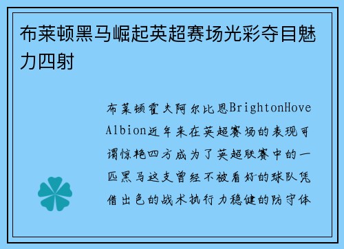 布莱顿黑马崛起英超赛场光彩夺目魅力四射 布莱顿黑马崛起英超赛场光彩夺目魅力四射