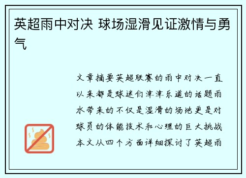 英超雨中对决 球场湿滑见证激情与勇气